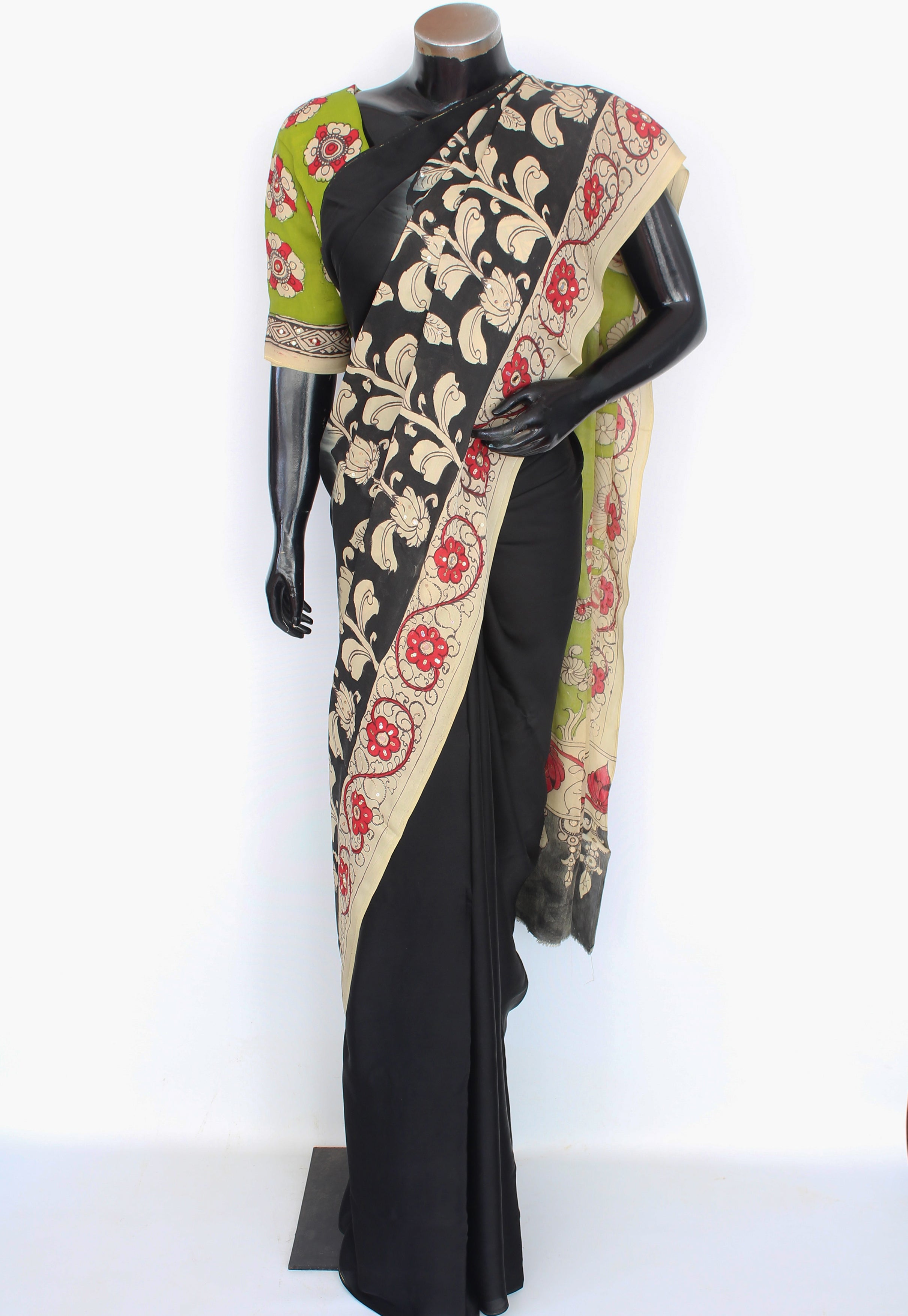 Satin crepe kalamkari sari