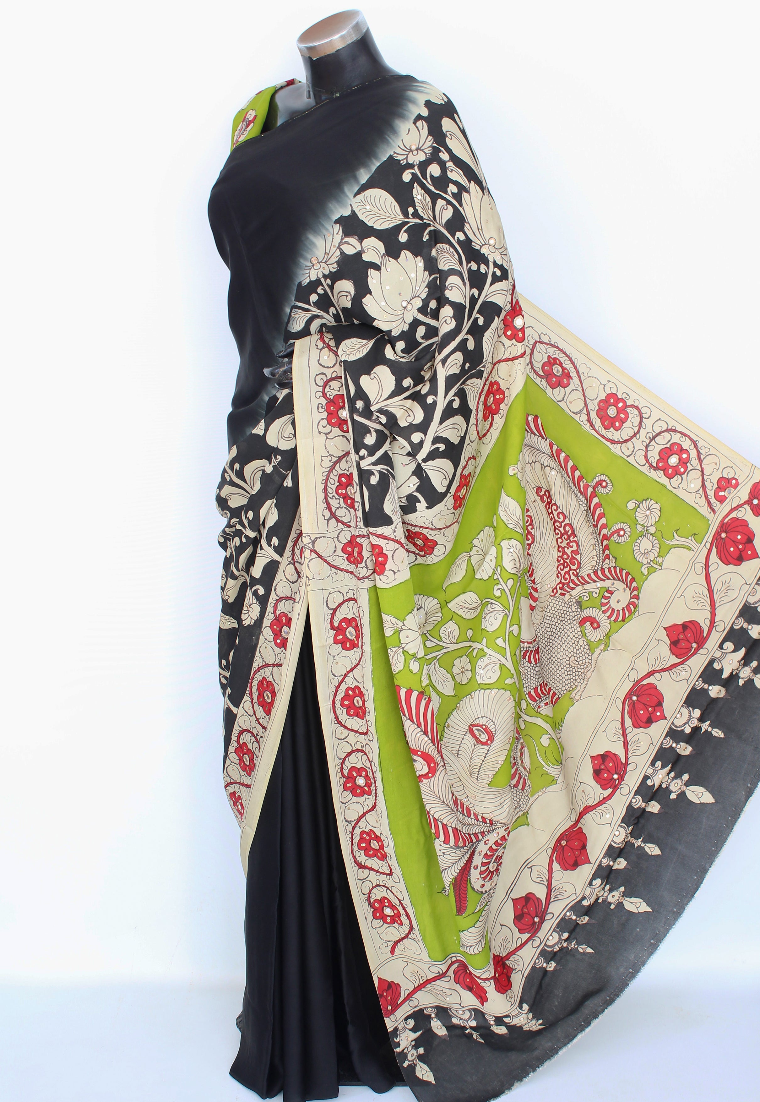 Satin crepe kalamkari sari