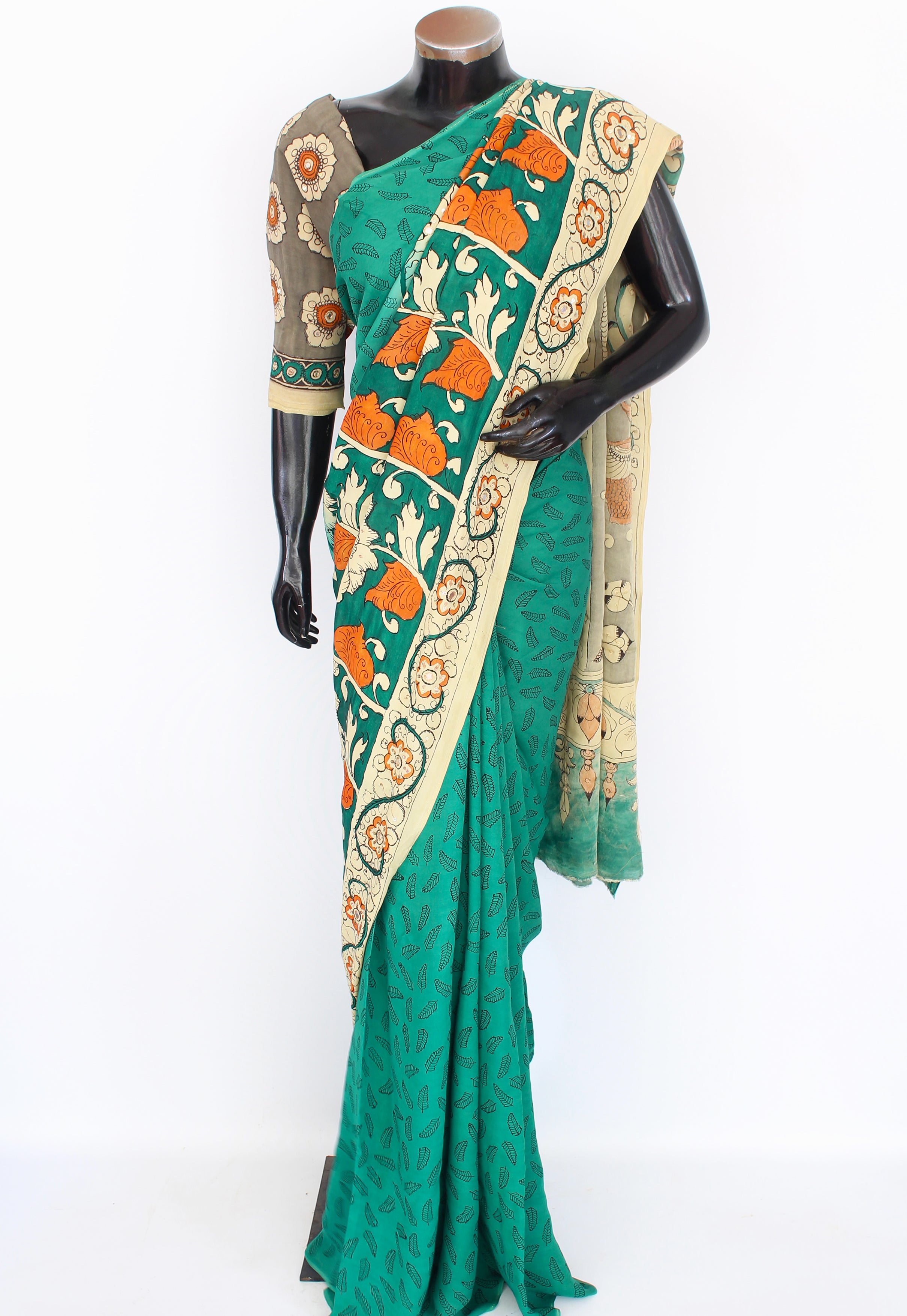 Satin crepe kalamkari sari