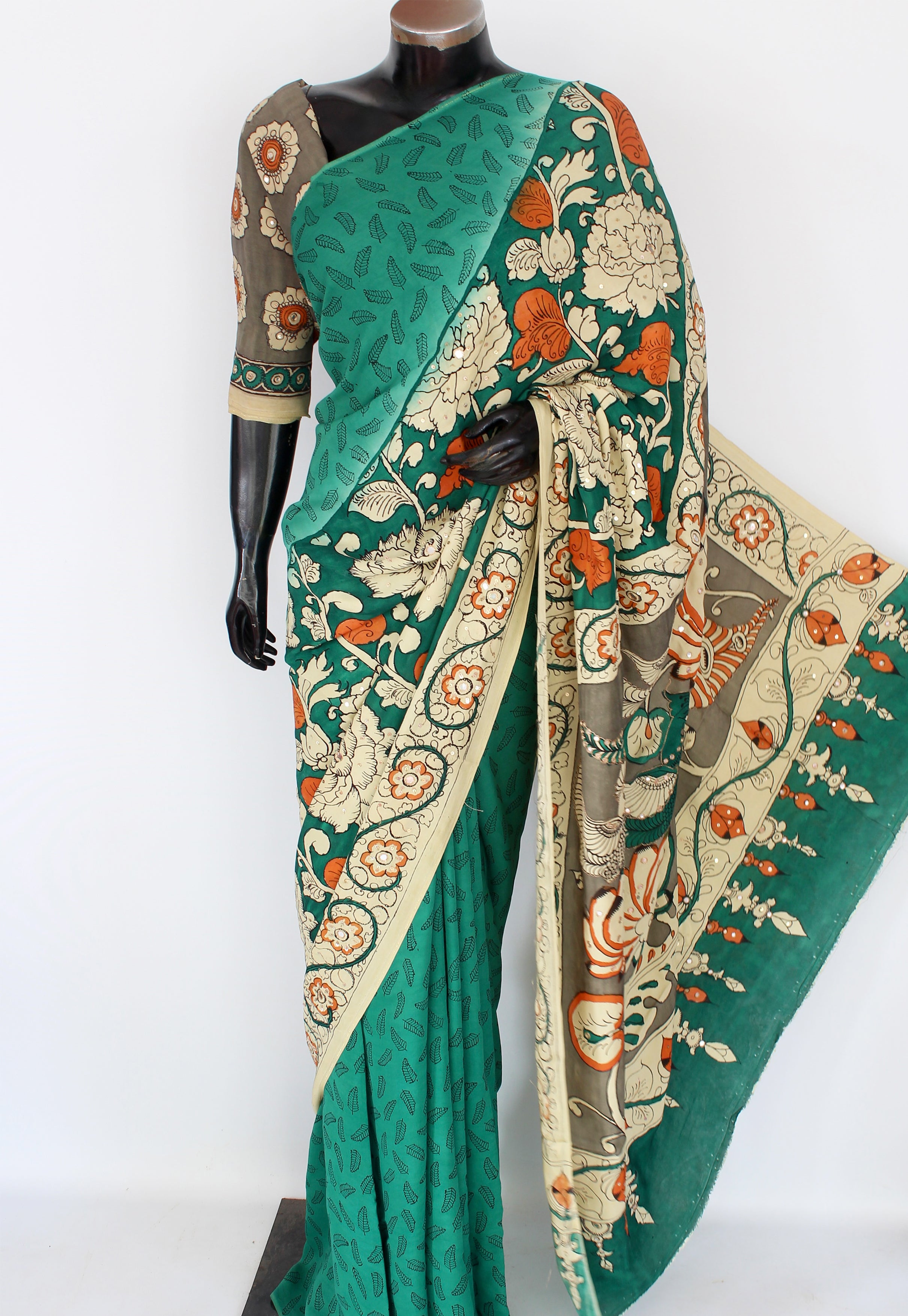 Satin crepe kalamkari sari