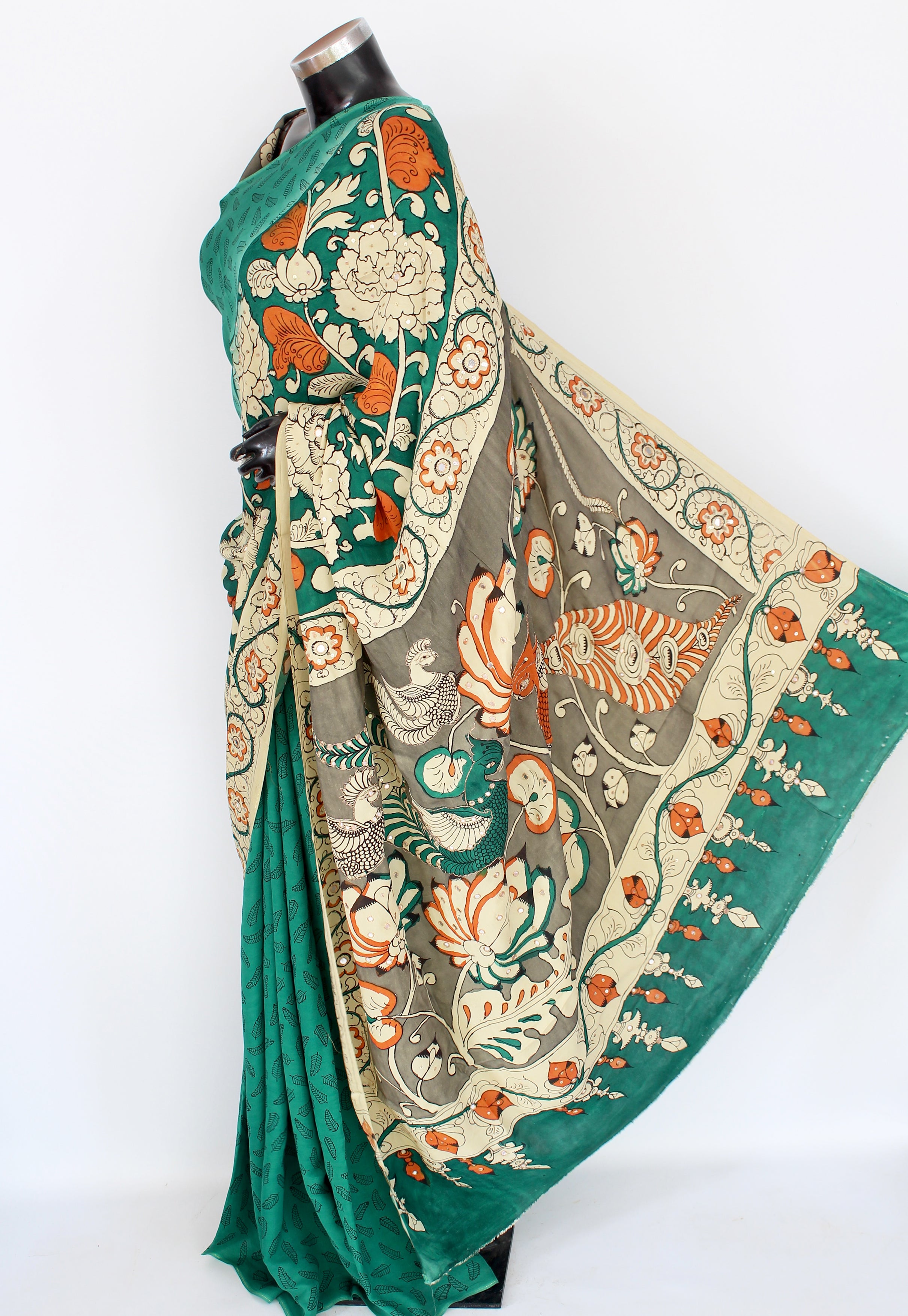 Satin crepe kalamkari sari