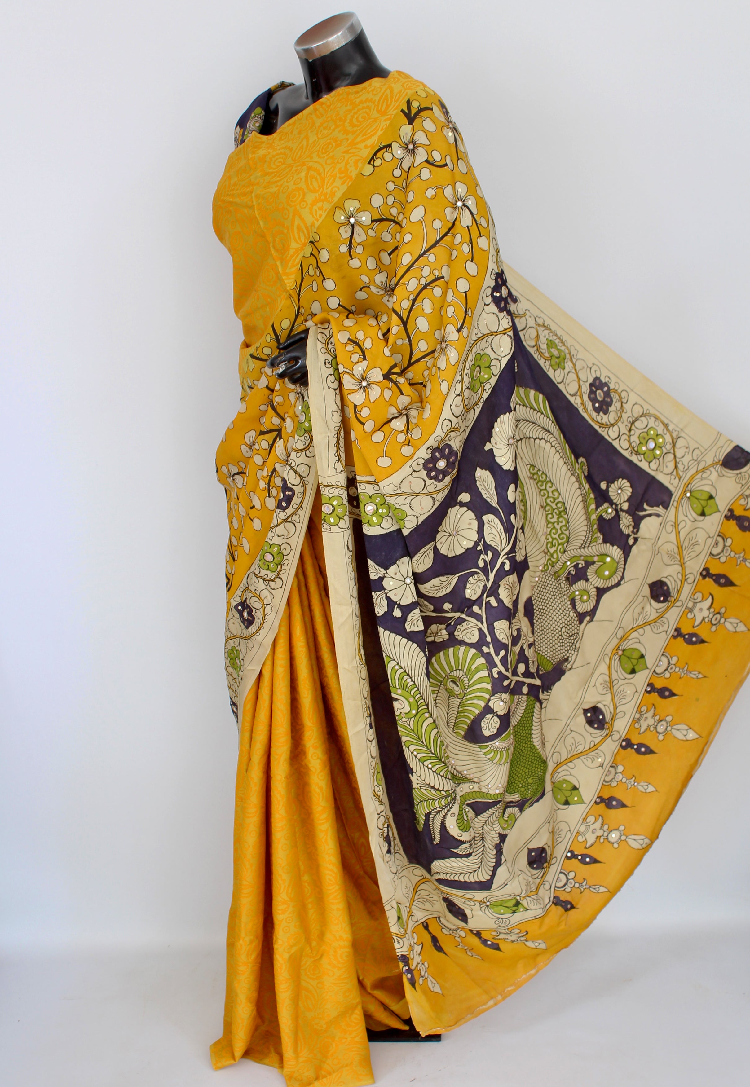 Satin crepe kalamkari sari