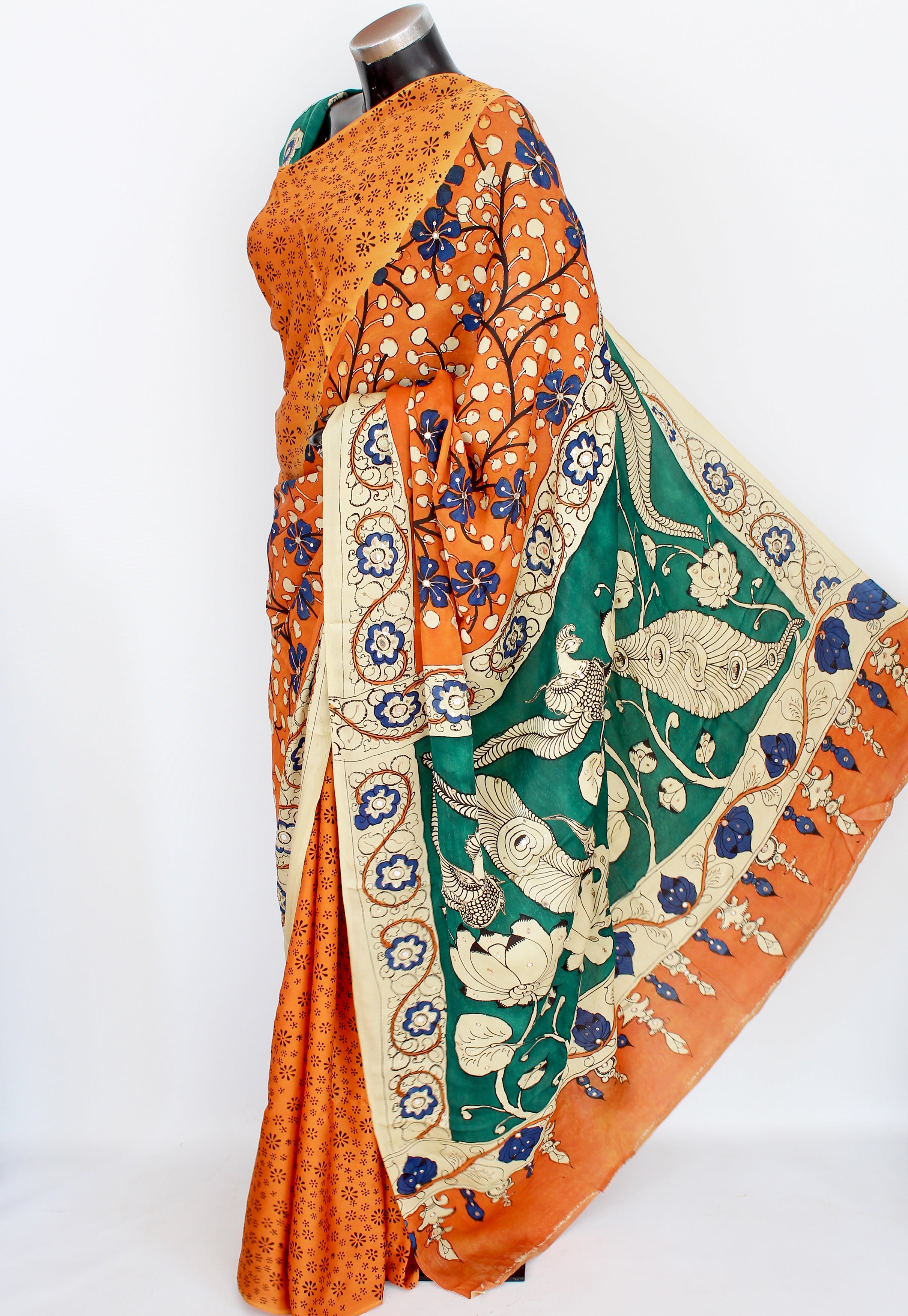 Satin crepe kalamkari sari
