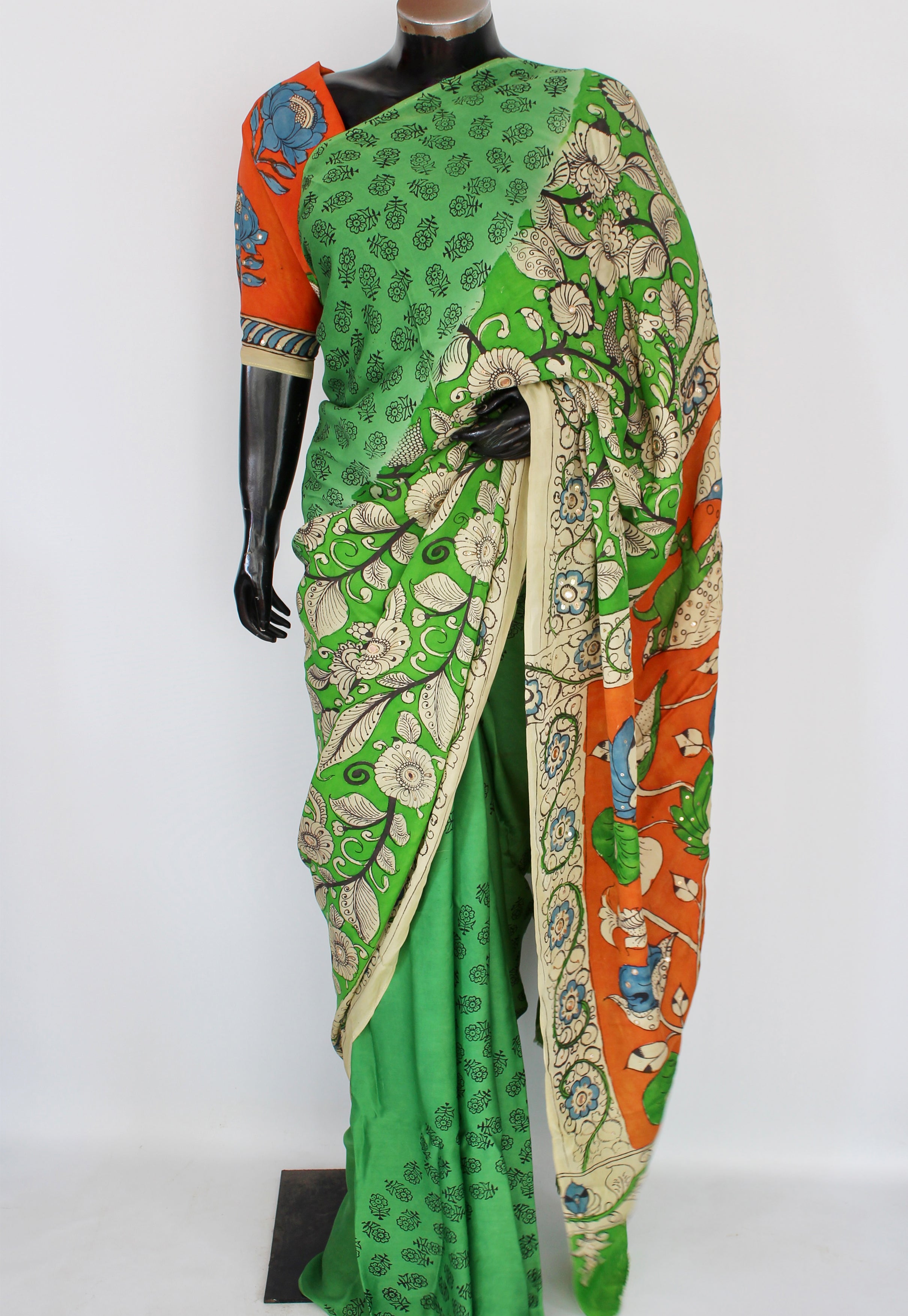 Satin crepe kalamkari sari