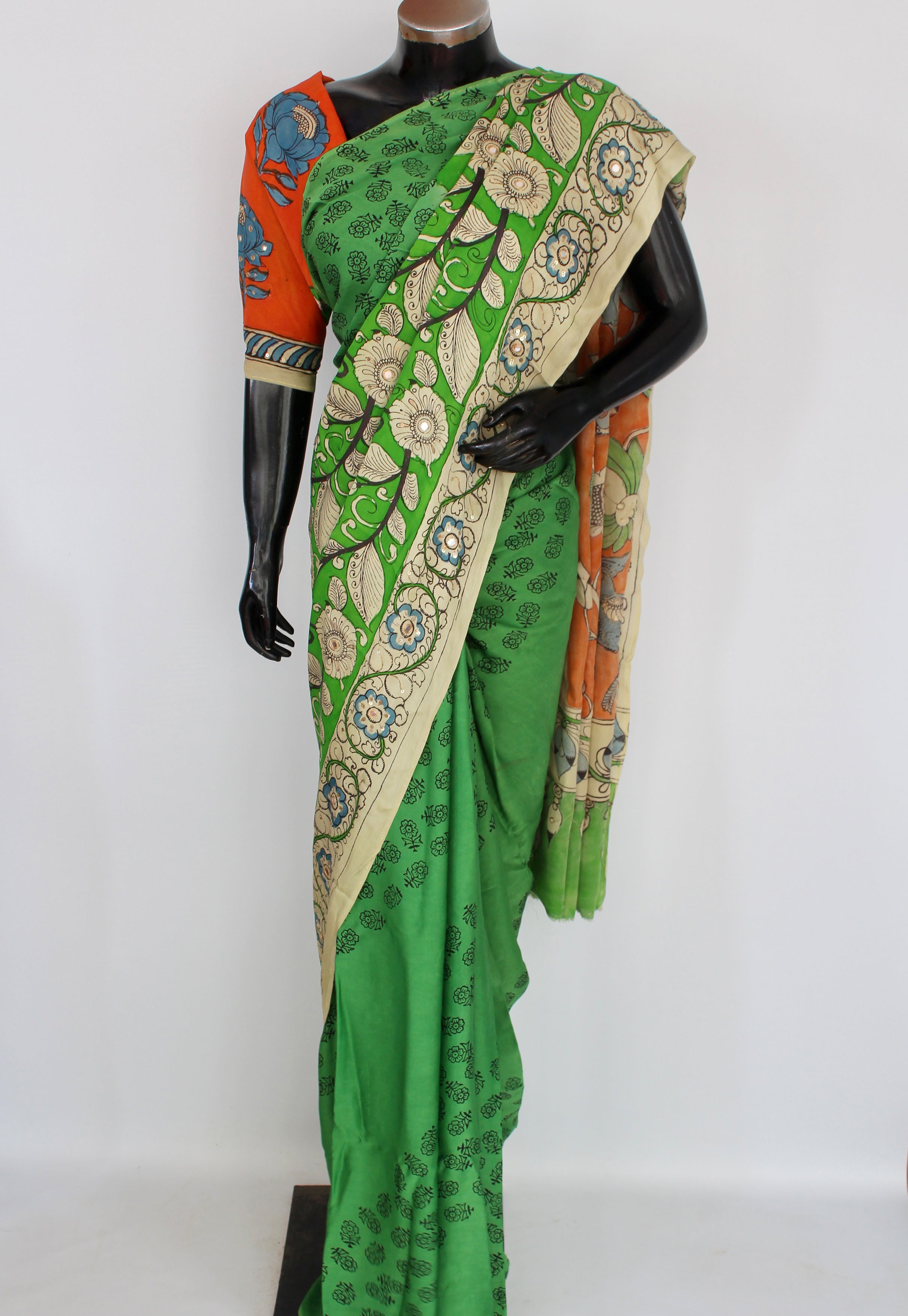 Satin crepe kalamkari sari