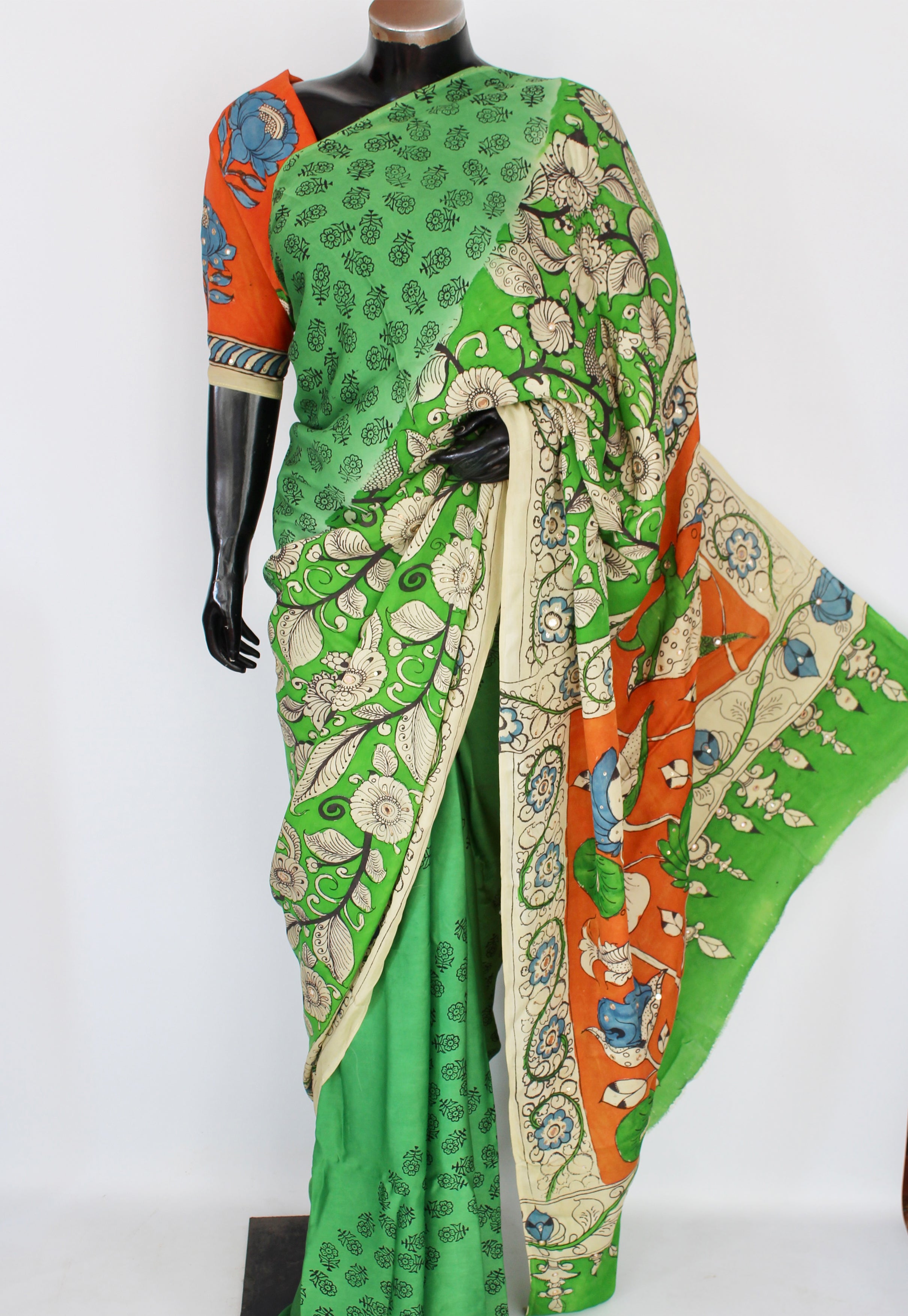 Satin crepe kalamkari sari