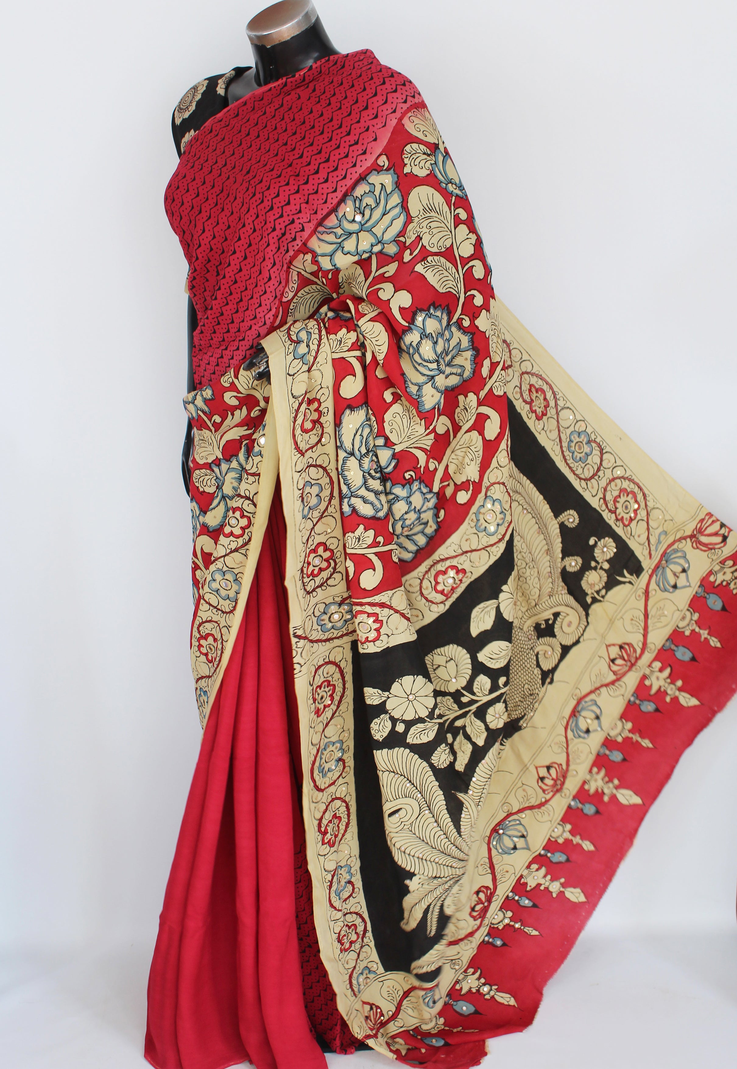 Satin crepe kalamkari sari